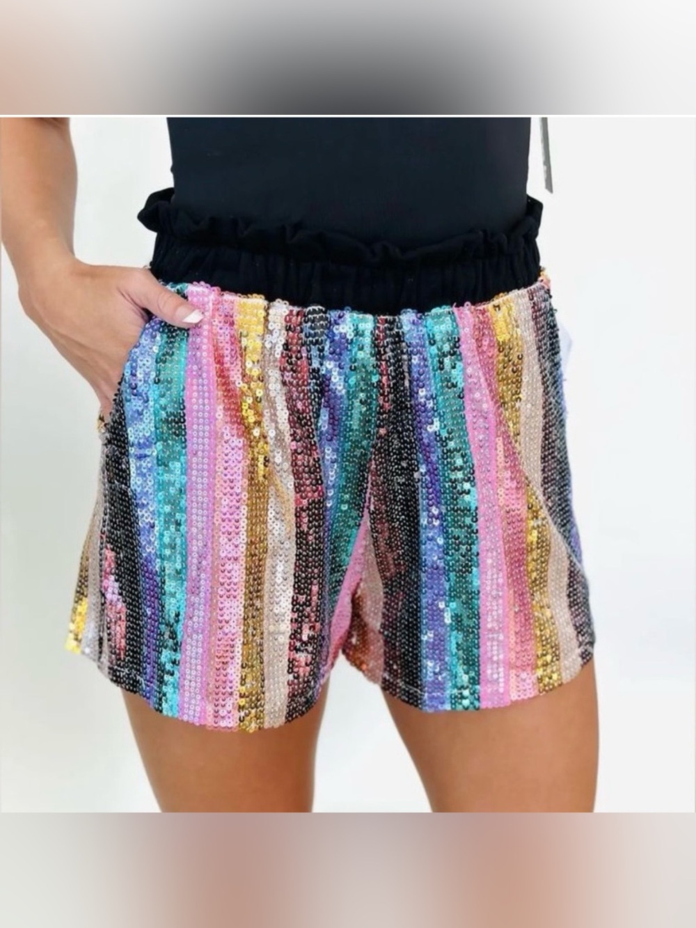 Queen of Sparkles Teal Stripe Sequin Short size small
